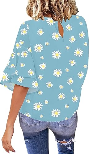 Miniatura 2 de luvamia Blusa casual de manga acampanada de 34 con cuello redondo para mujer