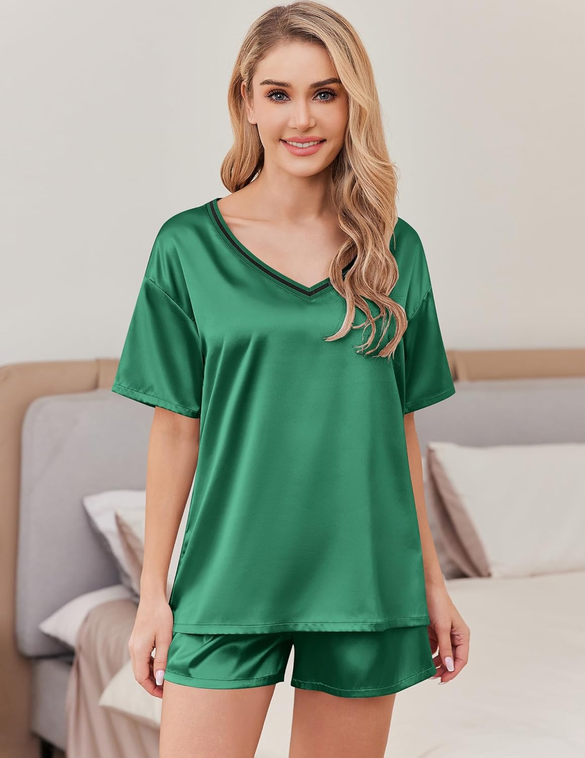 Ekouaer Satin Pajama Set for Women 2 piece Silky Pj Set Soft Short Sleeve Sleepwear Summer Loungewear, S-XXL - Image 2