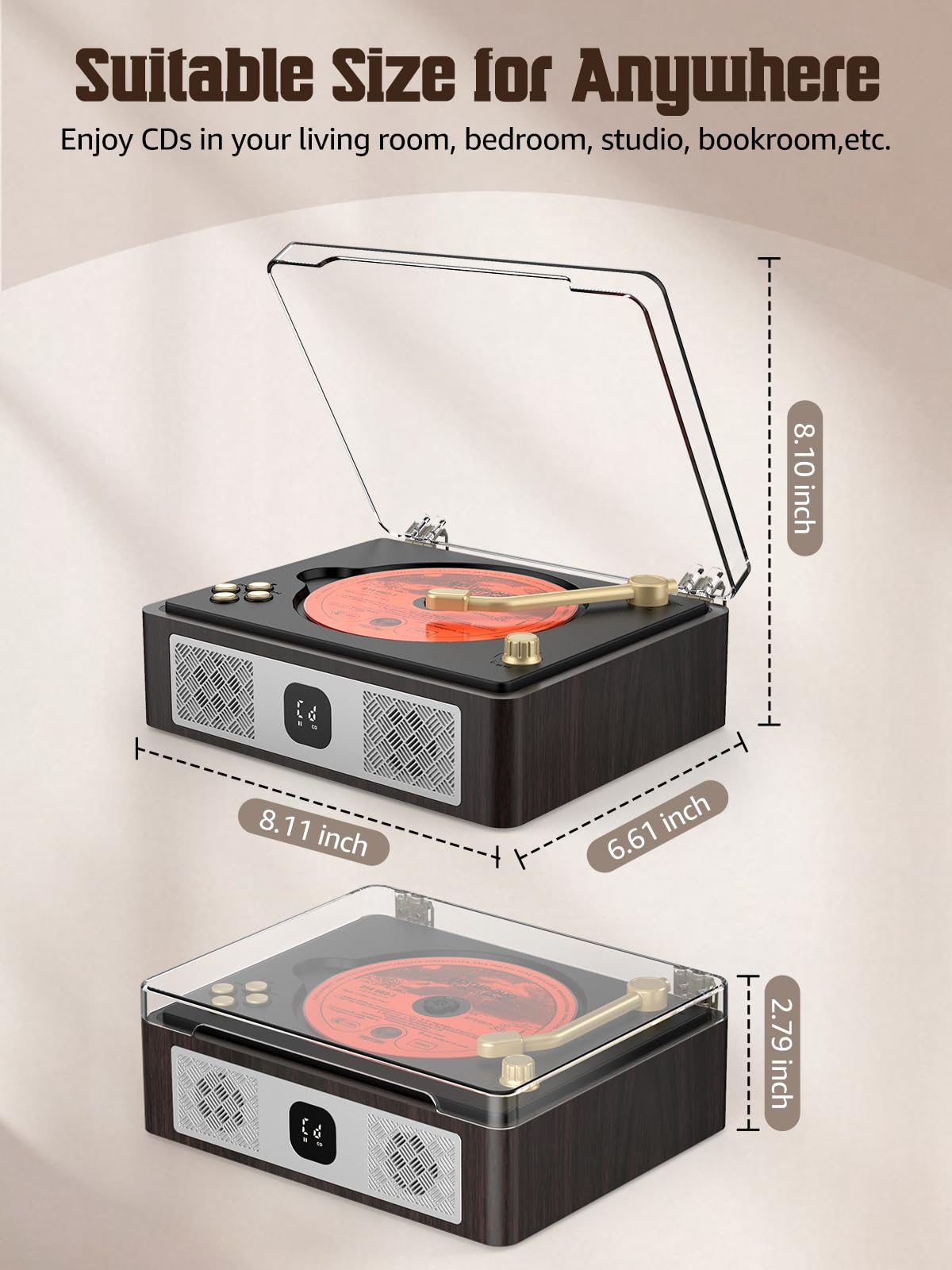 Lettore CD con altoparlanti integrati Ingresso e uscita Bluetooth Lettori CD portatili per musica domestica Lettore CD nostalgico con telecomando Jack per cuffie marrone noce con schermo di