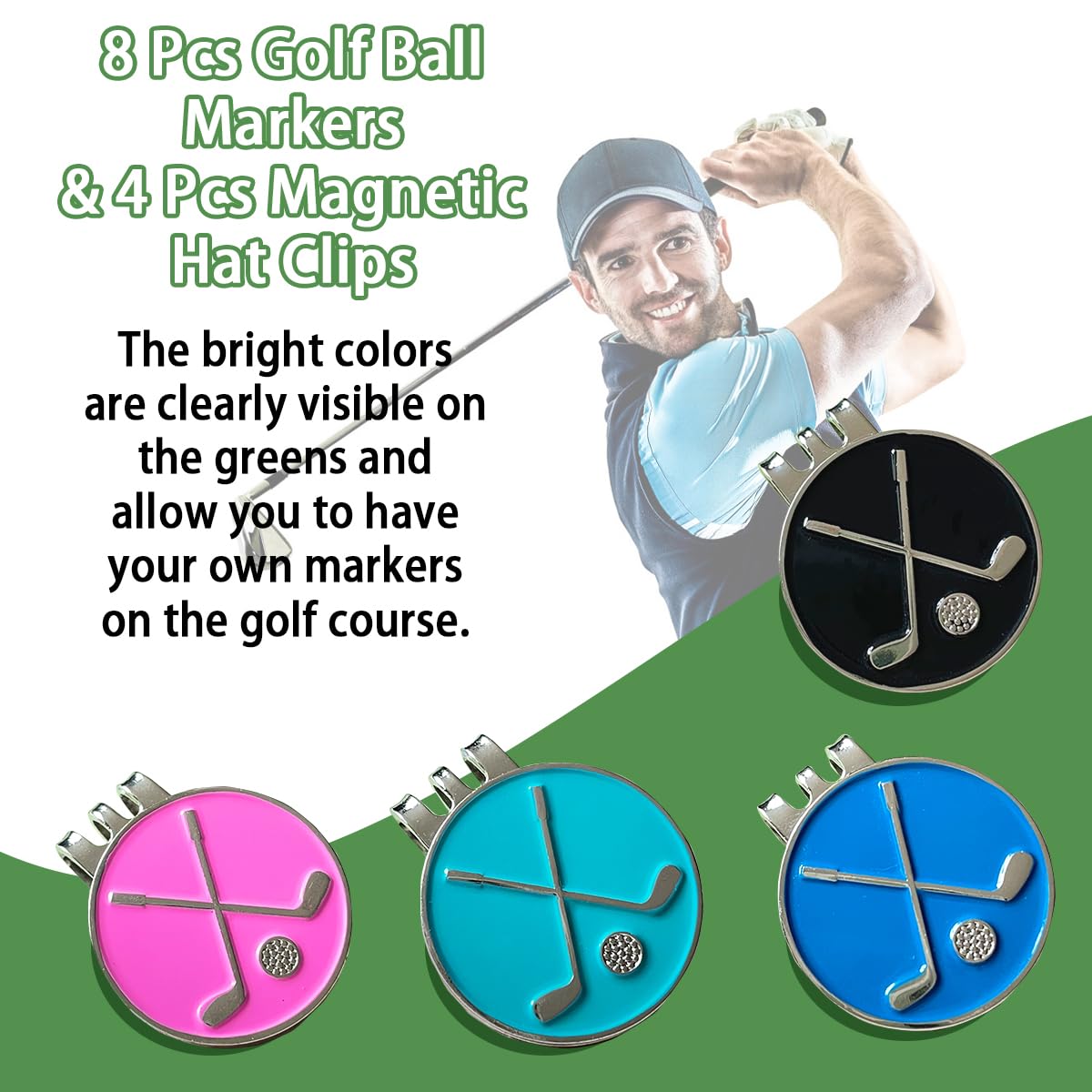 Juego de 12 marcadores de pelota de golf con clips magnéticos, accesorios divertidos para herramientas de golf, marcadores de pelota encajan en herramientas de golf divot, bolsa de sombrero,