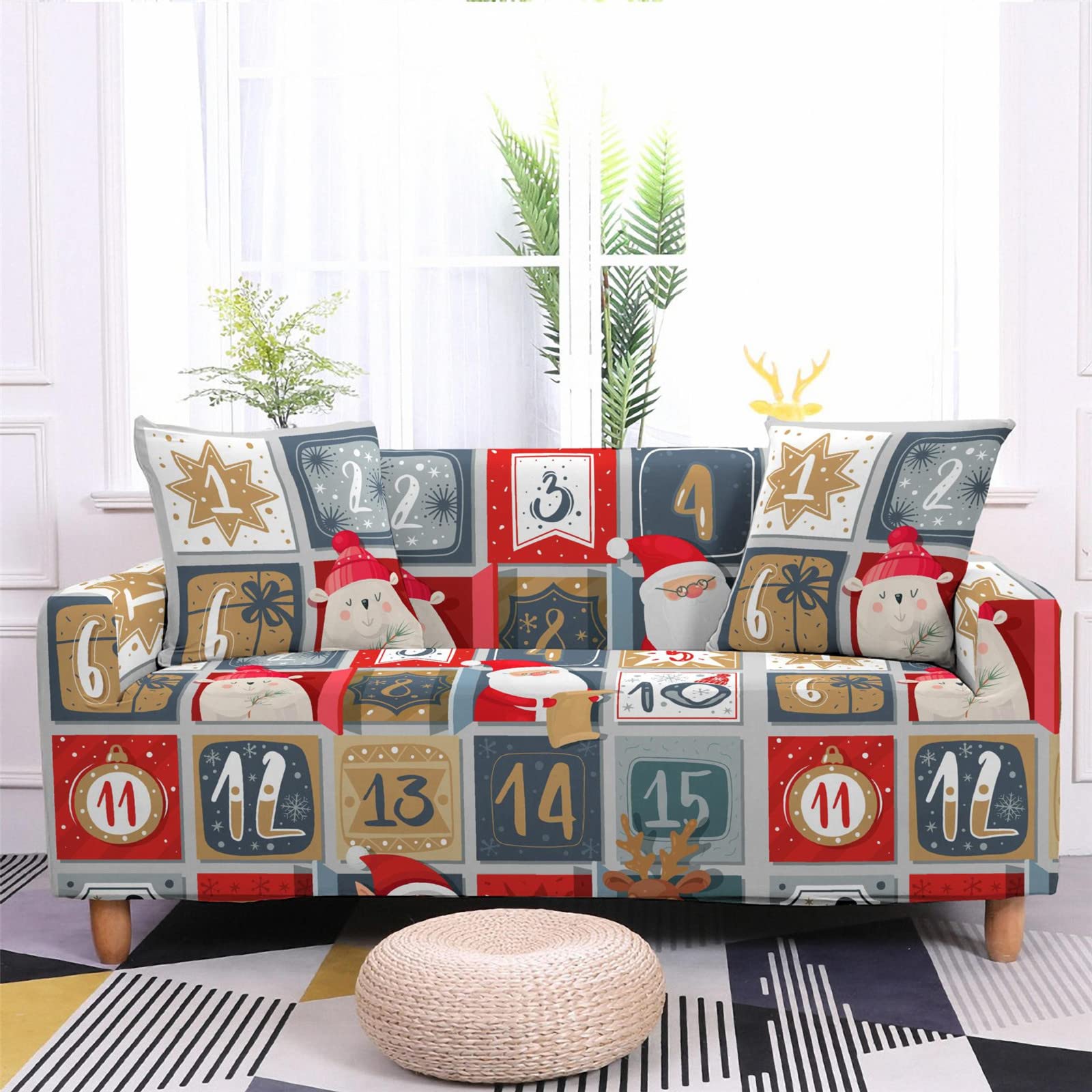 Mateju 3D Navideño Fundas de Sofá Elasticas de 1 2 3 4 Plazas, Ajustables Cubierta de Sofá Cubre Sofa Antideslizante Funda Cubre Sofas Furniture Protector (Oso navideño,1 plaza-90-140cm)