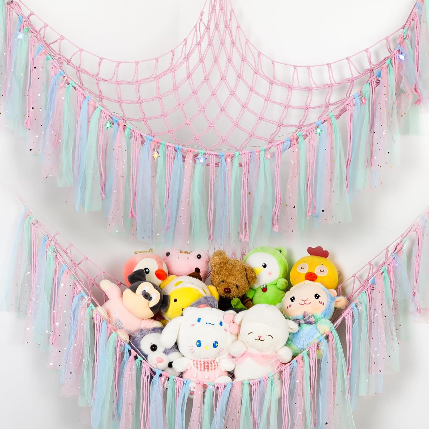 Stuffed Animal Hammock with LED Lights - 59 Inch Large Toy Storage Net for Kids Bedroom, Wall-Mounted Plush Organizer with Wooden Rings, Nursery Decor (Handwoven, Black)