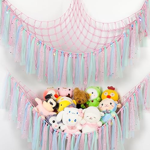 Stuffed Animal Hammock with LED Lights - 59 Inch Large Toy Storage Net for Kids Bedroom, Wall-Mounted Plush Organizer with Wooden Rings, Nursery