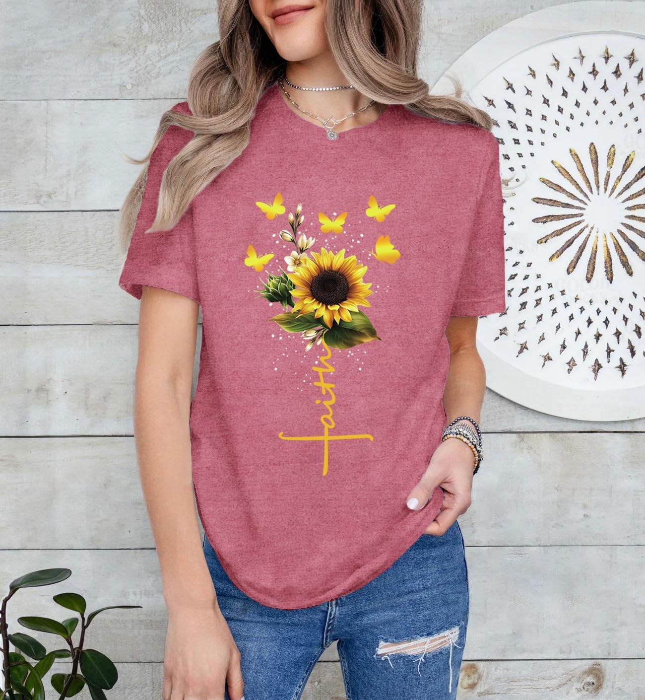 Womens Christian Shirts Faith Cross Sunflower Butterfly T-Shirt Bible Verse Religious Tee Tops - Image 2