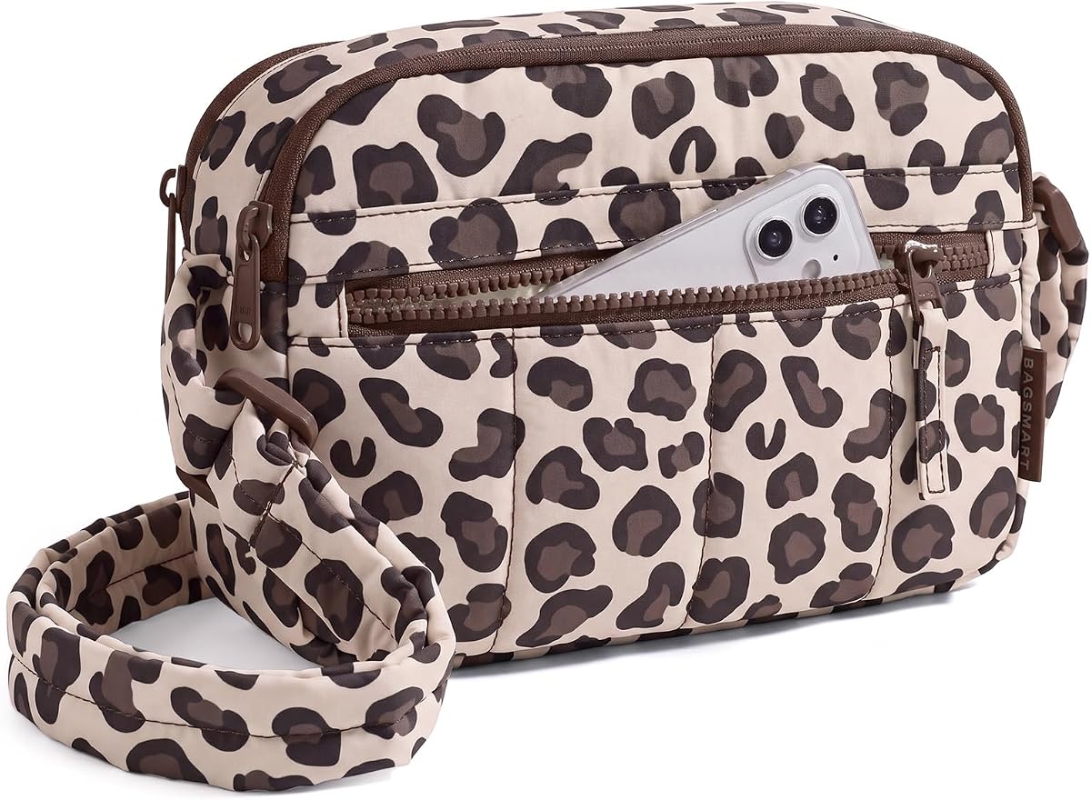 BAGSMART Bolso cruzado, mini bolso bandolera para mujer, bolso de viaje, bolso de hombro hinchado con ranuras de bloqueo RFID, leopardo
