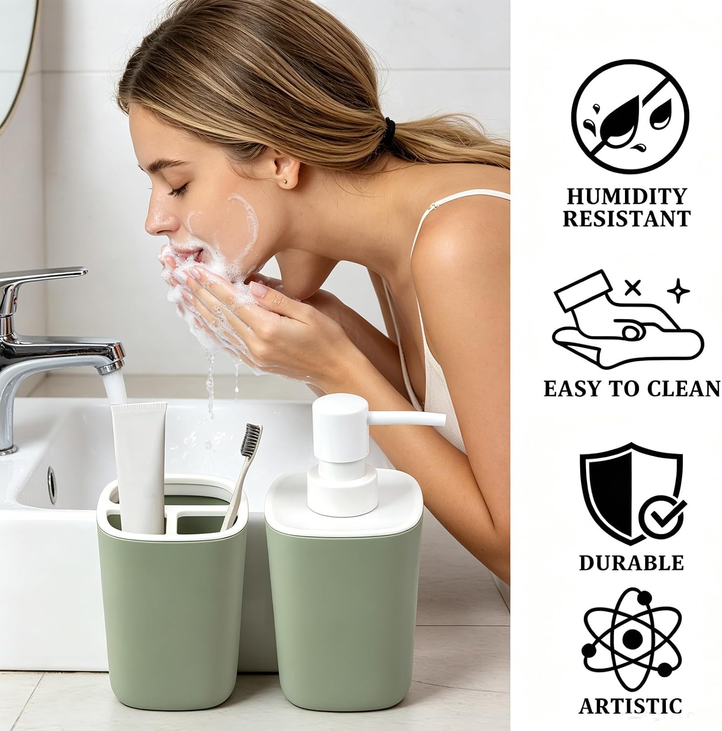 2PCS Bathroom Accessories Set, Sage Green Soap and Toothbrush Holder Set Include Soap Dispenser and Toothbrush Holder, Bathroom Accessory Set for Boho Sage Green Bathroom Decor