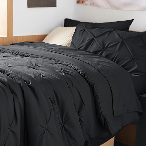 Miniatura 6 de Bedsure Twin XL Comforter Set - Extra Long 5 Pieces Dorm Bedding Sets, GentleSoft™ Pinch Pleat Black Bed in a Bag with Pintuck Comforters, Sheets