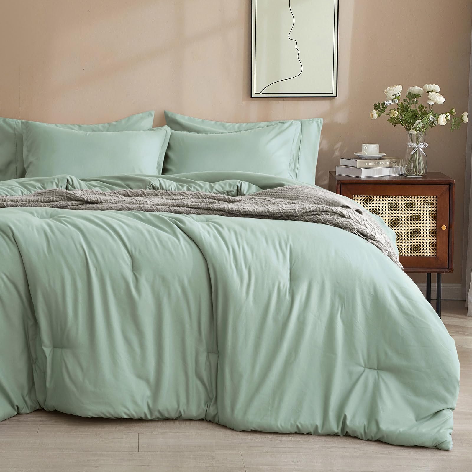 PHF 7 Pieces King Comforter Set, Lightweight Bed in A Bag & 18" Sheet Set for All Season, Ultra Soft Cozy Bedding with Comforter, Sheets, Pillowcases & Shams, Sage Green