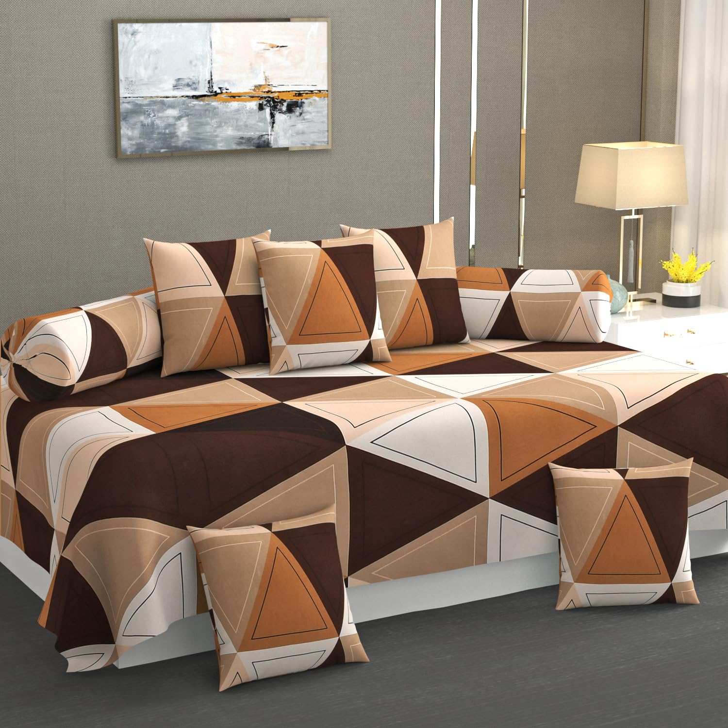 KETOSTICS Premium Cotton Diwan Set 8 PCS|300 TC Fabric |1 Bedsheet (90x60 inch), 5 Cushion Covers (16x16 inch), 2 Bolster Covers (16x32 inch) |Vibrant Floral & Geometric Designs| Beige Brown