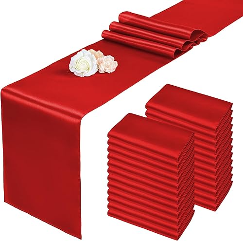 Paquete de 24 caminos de mesa rojos de satén de 12 x 108 pulgadas de largo para fiestas, decoración de mesa de tela satinada suave para bodas,