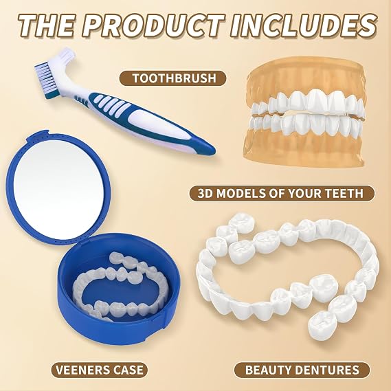 Cosmetic Dental Veneers, Upper and Lower Custom Fit Whitening Covers, Temporary Snap-On Smile Enhancement Kit, Reusable, with Fitting Tools