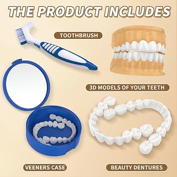Cosmetic Dental Veneers, Upper and Lower Custom Fit Whitening Covers, Temporary Snap-On Smile Enhancement Kit, Reusable, with Fitting Tools