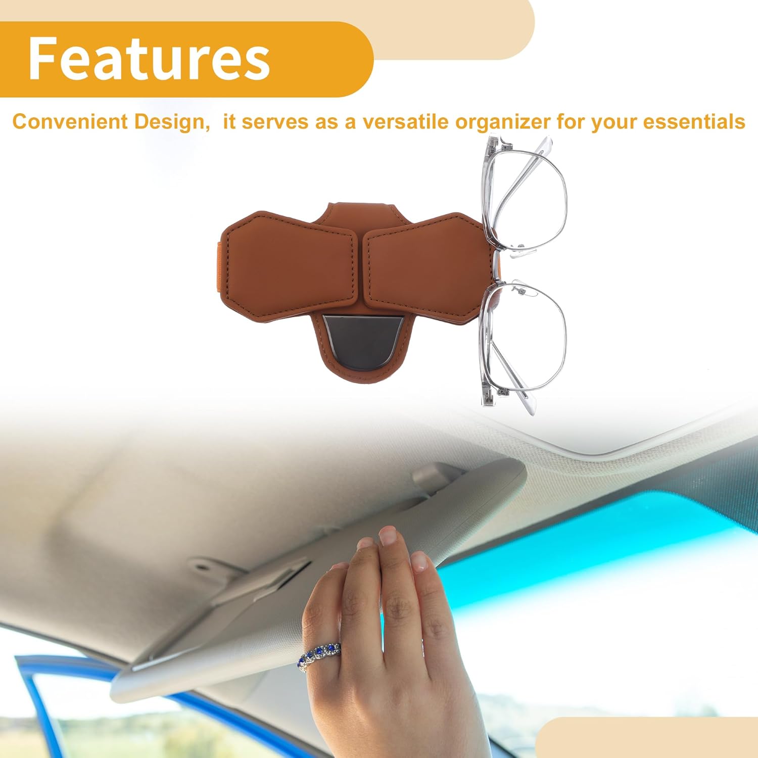 Car Sunglasses Clip Magnetic Universal Sun Visor Eyeglasses Holder Clip PU Leather,Zinc Alloy Orange 15.5x10.8cm 1 Pcs