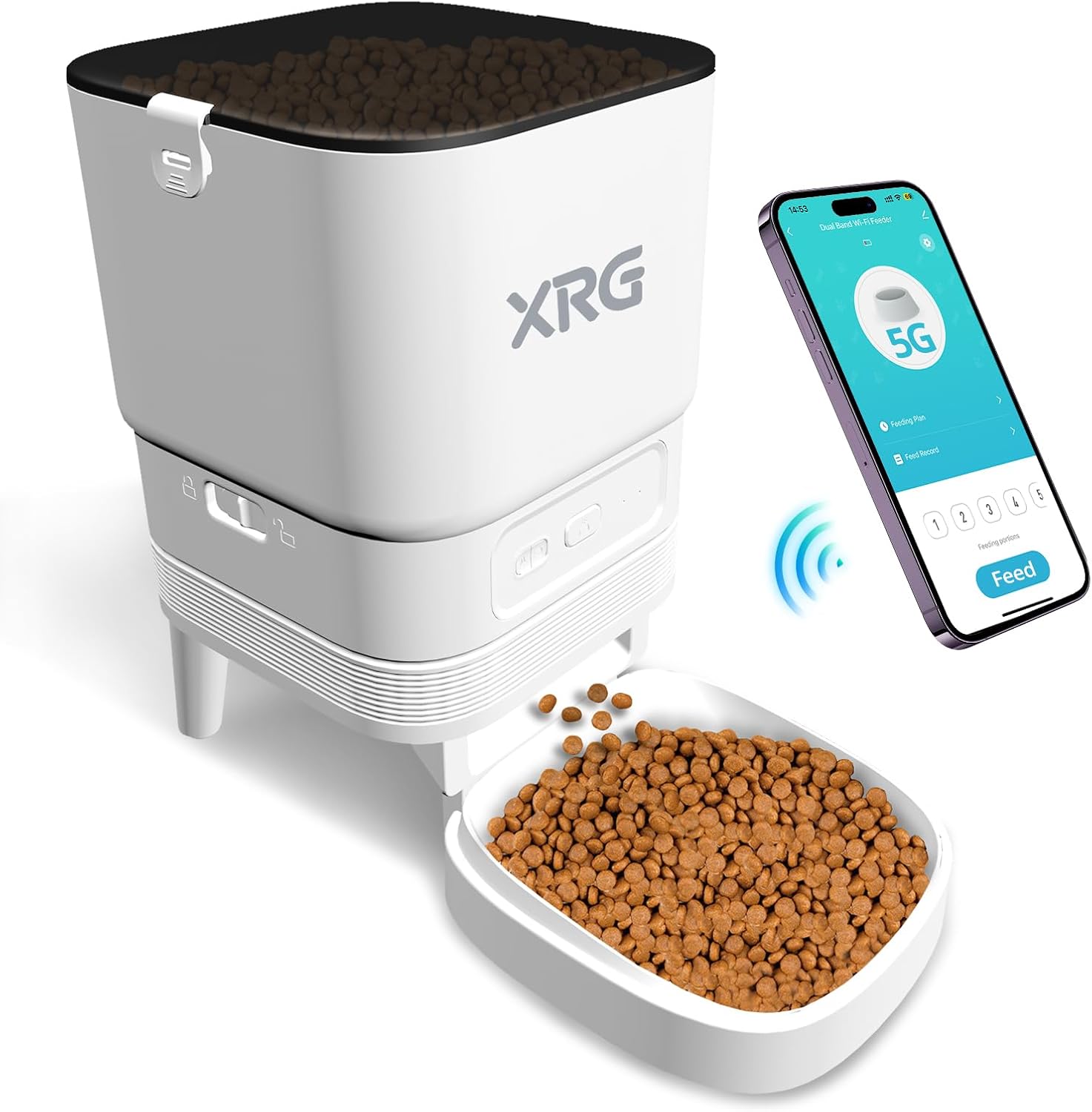 Automatic Cat Feeder 5G WiFi,Automatic Dog Feeder Double Anti-Blocking,WiFi Auto Timed Cat Dispenser 10 Meals A Day,Dog Food Dispenser Dual Power with 10s Voice Recorder,Easy to Install & Clean,White