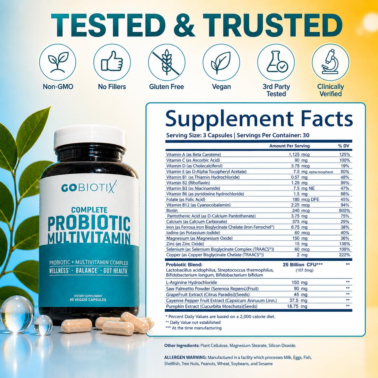 GOBIOTIX Multivitamin with Probiotics and Digestive Enzymes - 25 Billion CFU - Digestive Health, Probiotics for Women and Men - Gluten Free Pills - 90 Capsules — Amazon image 7