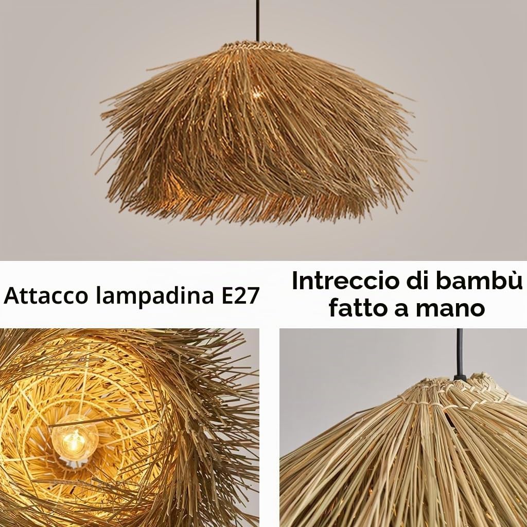Lampadario Creativa E27 Lampadario In Vimini Stile Bohémien Paralume Vintage In Vimini Lampada A Sospensione Intrecciata A Mano A Forma Di Cappello Adatta Per Di Sala Da Pranzo Soggiorno(50cm)