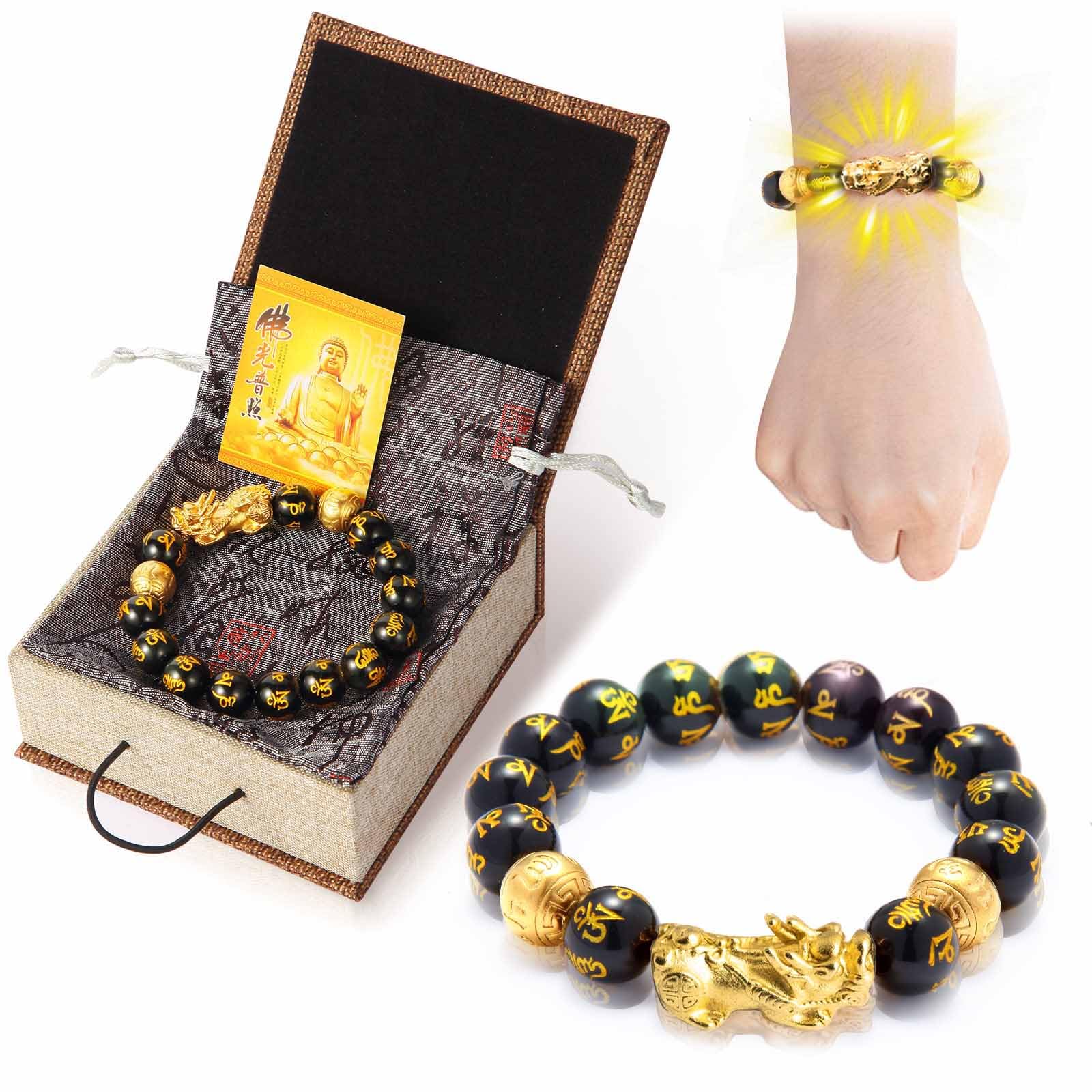 biuufishFeng Shui Bracelet 24K Gold Plated PiXiu, Colored Eyes Obsidian Dragon Protection Bracelet Meditation Decompression Prayer Beads Lucky Wealth Bracelets for Men Women(12mm)