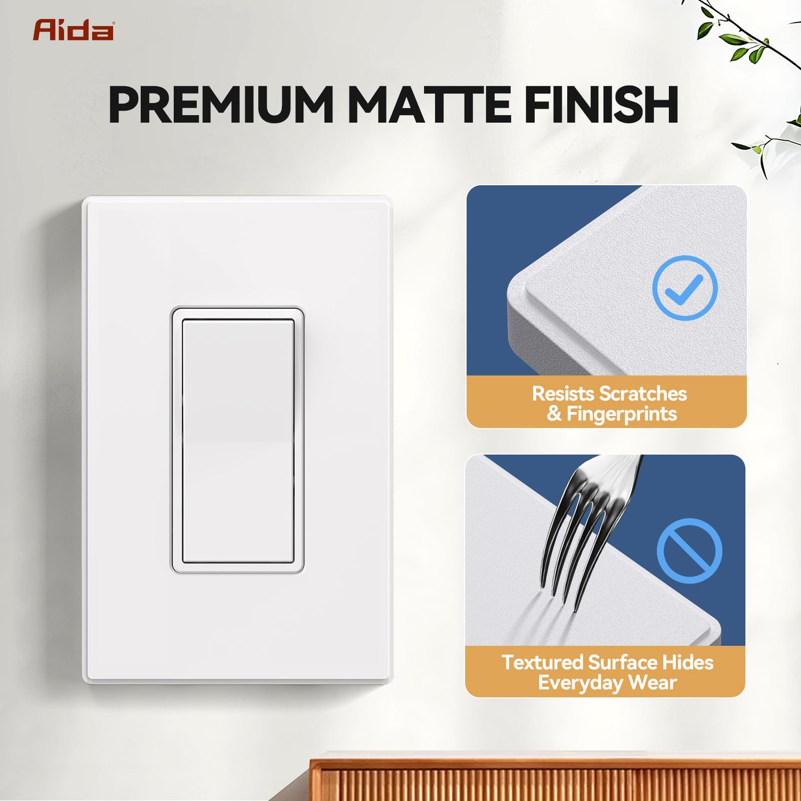 AIDA Interruptor de luz blanco mate de un solo polo con cubierta de placa de pared sin tornillos, 15 amperios, 120/277 V, repuesto de interruptor basculante de pala, interruptor de pared de encendido