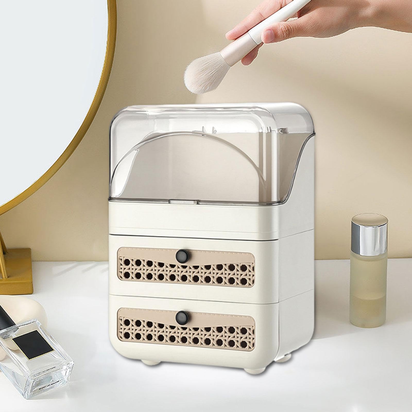 Make Up Organizer mit Vielseitigem, Transparentem Deckel – Ideal Als Aufbewahrungsbox für Kosmetikartikel auf Dem Schreibtisch Oder Der Arbeitsplatte, Cremefarben, 3-stöckig