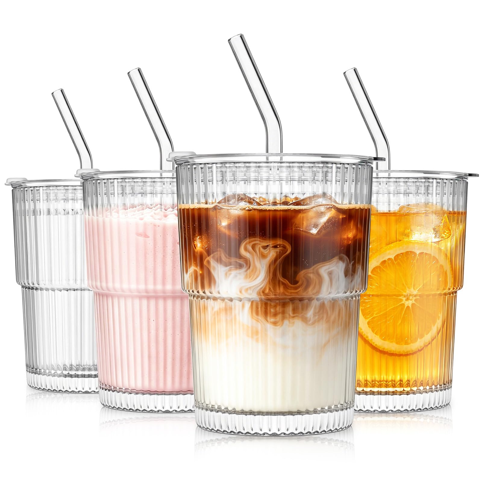 SoulTimes 380 ml Ribbed Glass Tumbler with Straw and Lid, Set of 4 - Iced Coffee Cups for Coffee, Matcha, Smoothies & Juice, Reusable Thick Glass Cups, Elegant Home & Travel Glassware