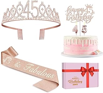 45 Birthday Decorations for Women Including Birthday Sash and Tiara, Cake Topper and Candles, 45 Year Old Gifts for Women, Rose Gold Party Decor Supplies