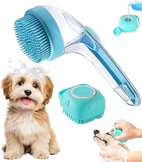 (2-Piece) Pet Bath Brush and Dog Scrubber,Bathing Dog Beauty Massage Brush with Soap Dispenser,Adjustable Handle Shampoo B...