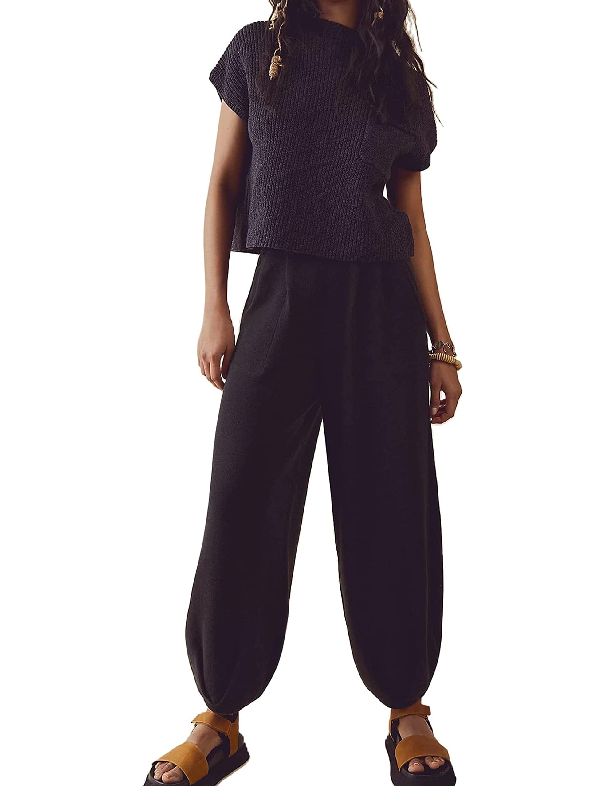 Ailoqing Womens 2 Piece Outfits Sweater Sets Knit Pullover Tops High Waisted Pants Lounge Sets