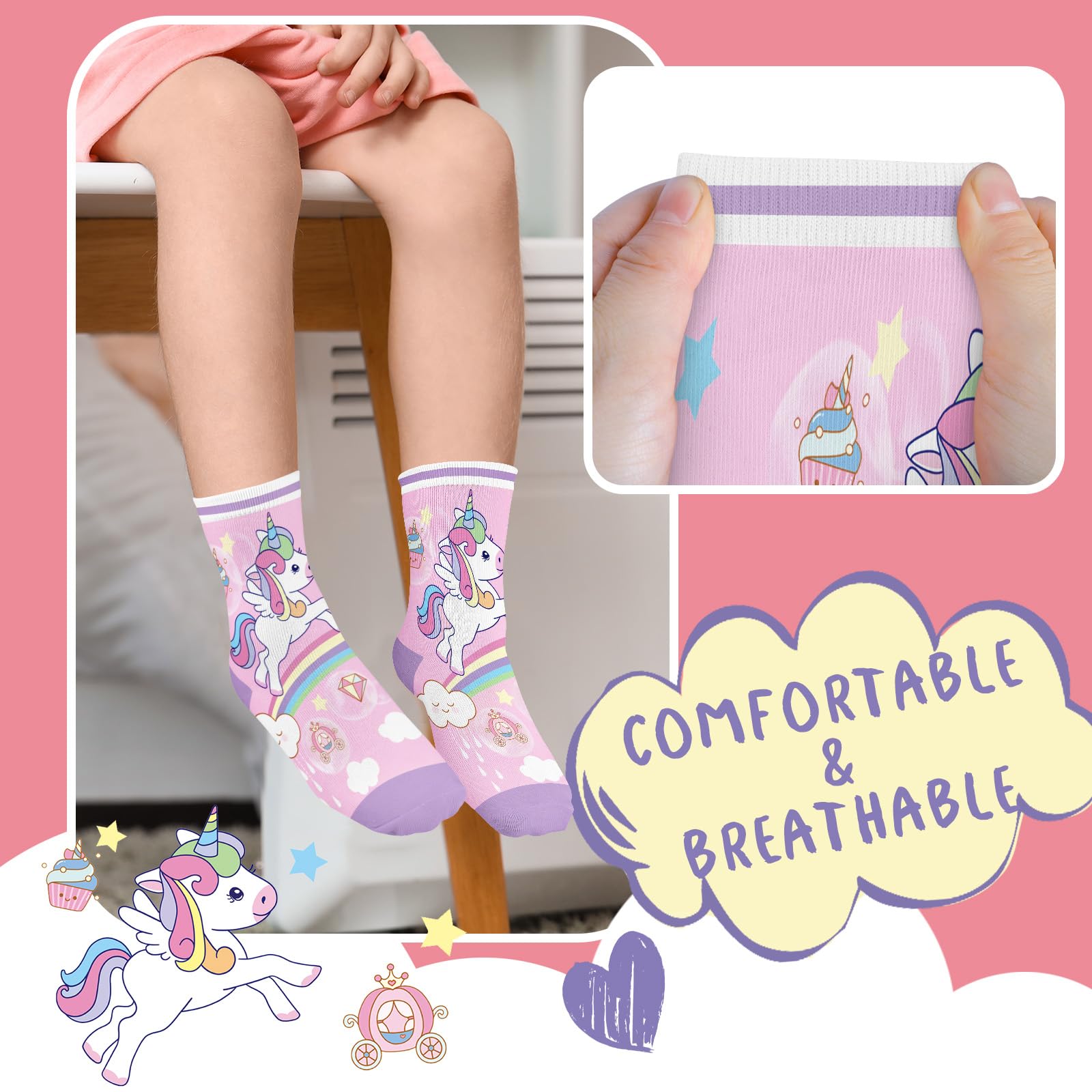 6 Paires Chaussettes Enfants Filles Modèles Mignons Caricature Rose Licorne et Arc-en-ciel Chaussettes Crew Cadeau Doux de 3 à 14 Ans Taille 25-38