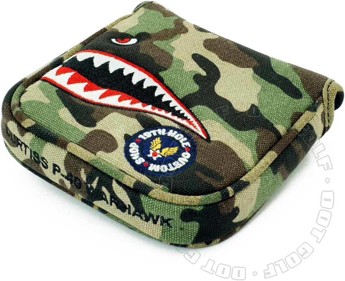 19th Hole Custom Shop Fighter Plane High-MOI Mallet Putter Headcover, Heel Shaft, Camouflage, Golf Head Cover