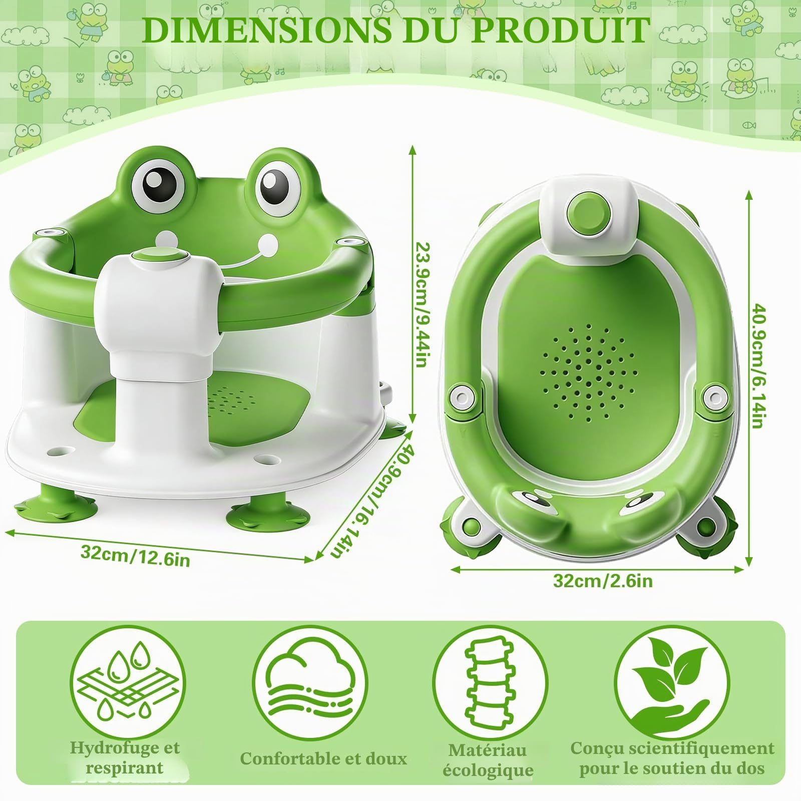 Siege Bain Bebe,SièGe de Bain pour BéBé,Siège de Bain Bébé,Anneau de Bain Bebe,Siège de Bain avec 4 Ventouses et Coussin,Chaise de Bain Portable et Sûre pour la Douche ou le Bain - Vert