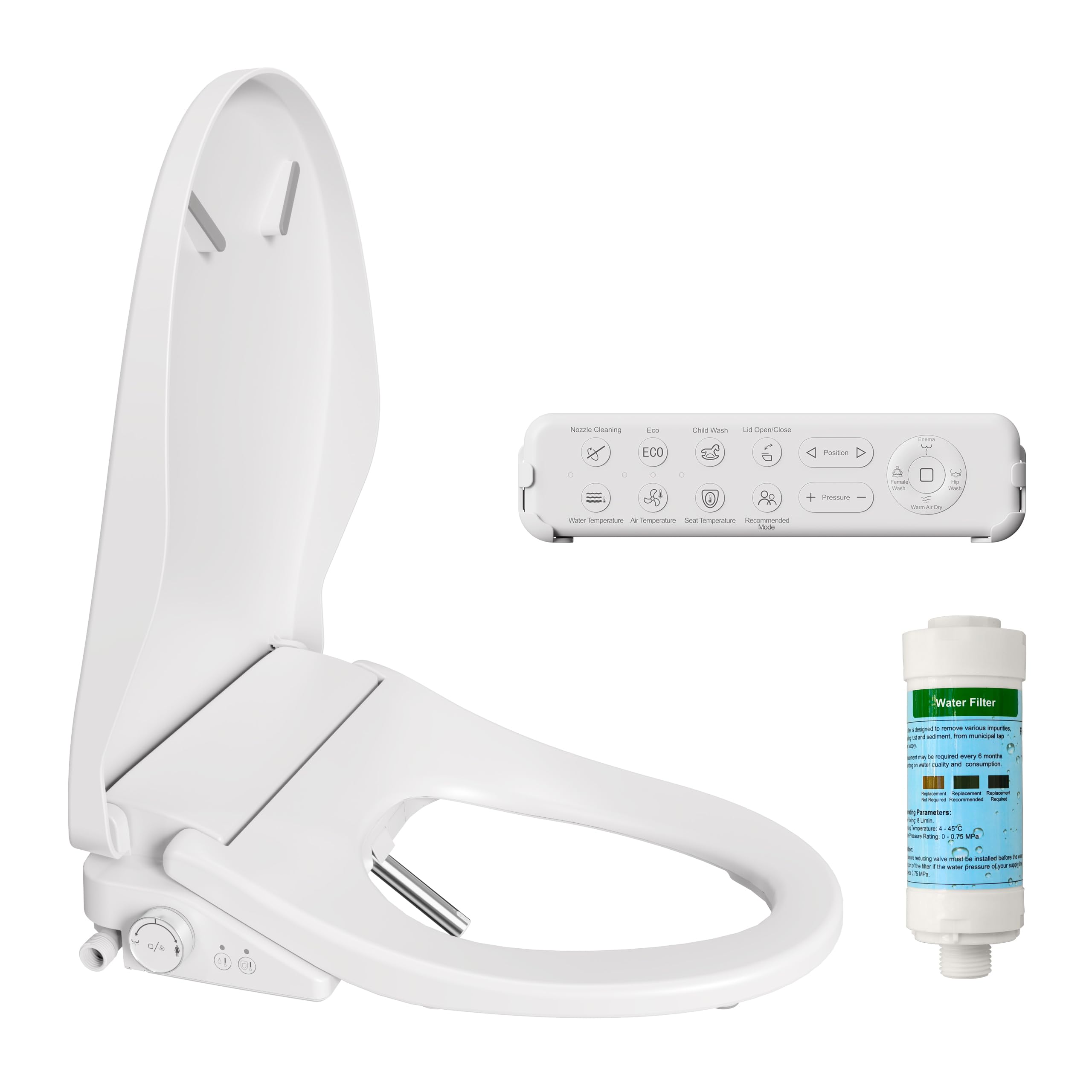 Smart Bidet Toilet Seat with Heated Seat Warm Water Wash Adjustable Pressure Temperature Auto Nozzle Cleaning Soft-Close Lid