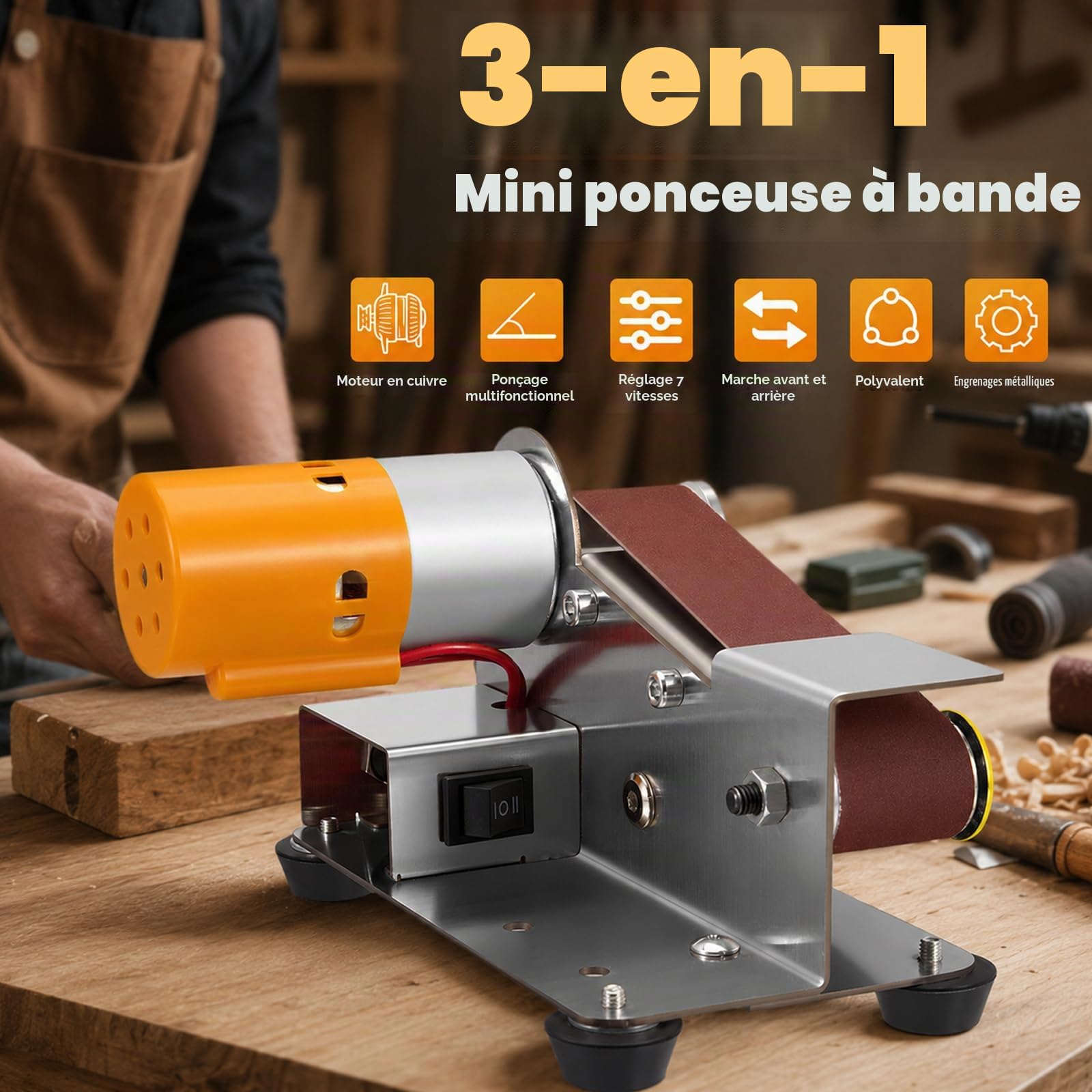 Ponceuse à Bande, Mini Ponceuse à Bandeélectrique Pour Couteaux Polisseuse Diy 7 étapes AffûTeur De Couteaux à 15° Avec Angle Fixe Meuleuse De Bord Avec 10 Bandes Abrasives Et 20 Feuilles Abrasives