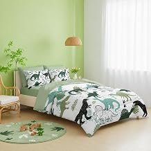 QOOMO Dinosaur 7 Pieces Comforter Set Twin Size,Dinosaurs Bedding Set for Kids Teens Boys-Include 1 Comforter,1 Fitted Sheet,1 Flat Sheet,2 Printing Pillowcases and 2 Light Green Pillowcases