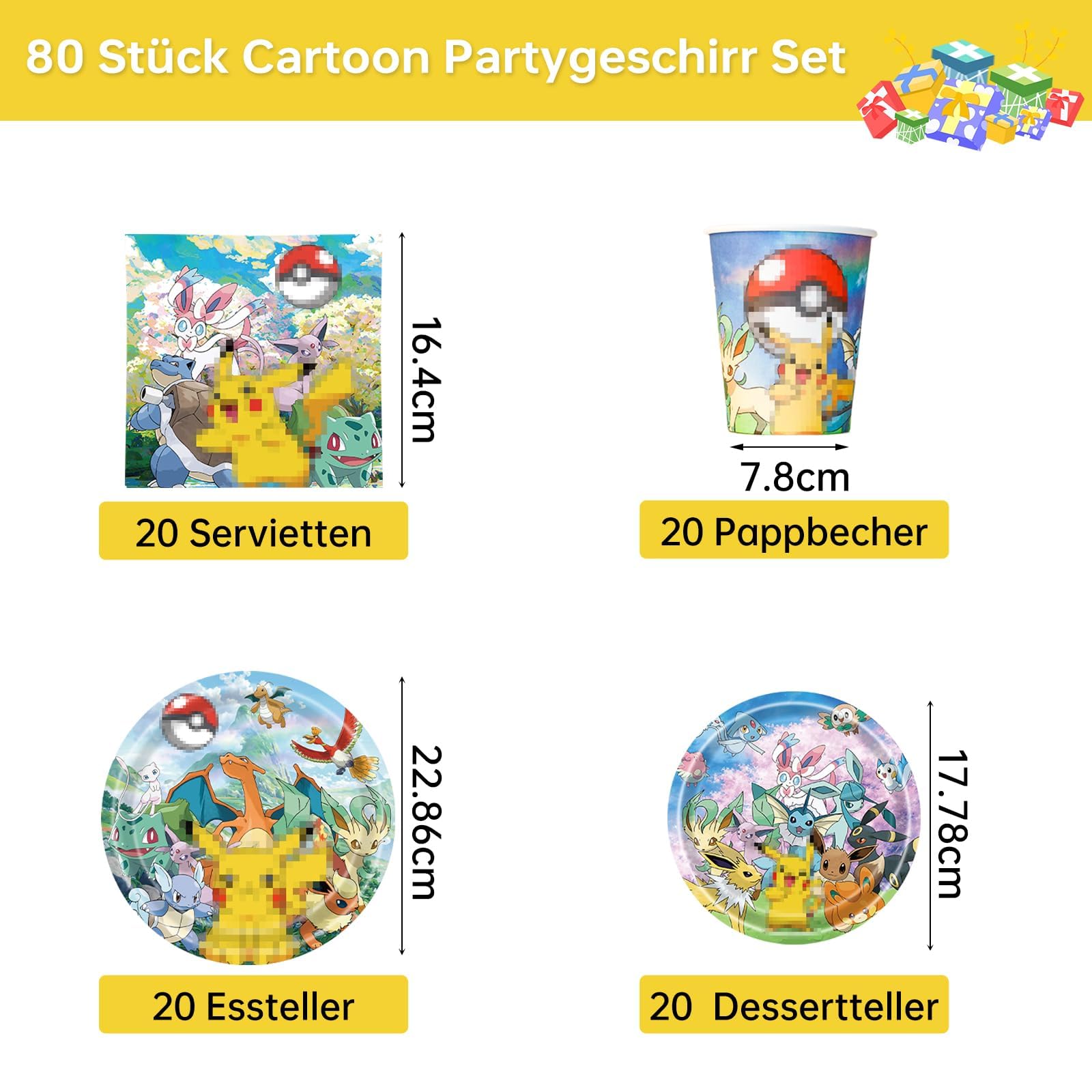 Pappgeschirr Set, 80 Stück Partygeschirr mit Pappteller Pappbecher Servietten für 20 Gäste, Bunte Papier Teller und Becher, Cartoon Anime Geschirrset für Kindergeburtstag Partydeko Tischdeko