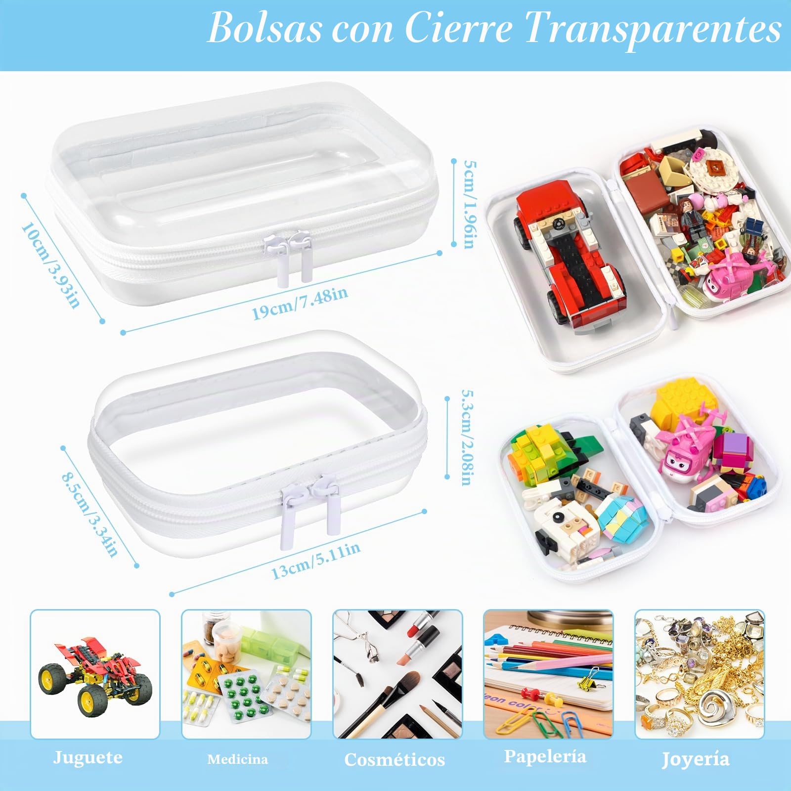 4 Neceser de Viaje Transparente con Cremallera, Estuche Rígido Impermeable con Cremallera, organizador de viaje portátil para Cosméticos, Juguetes (13 x 8.5 x 5.3cm, 19 x 10 x 5cm)