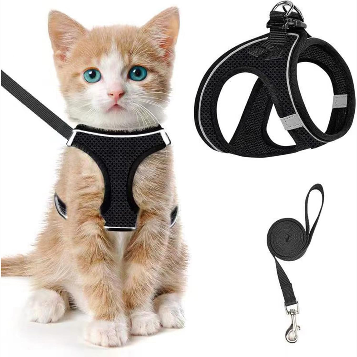 QUEENADA Cat Harness and Leash Set - Adjustable Soft Kittens Vest for Walking Escape Proof, Easy Control Soft Breathable Mesh Jacket(Black M)