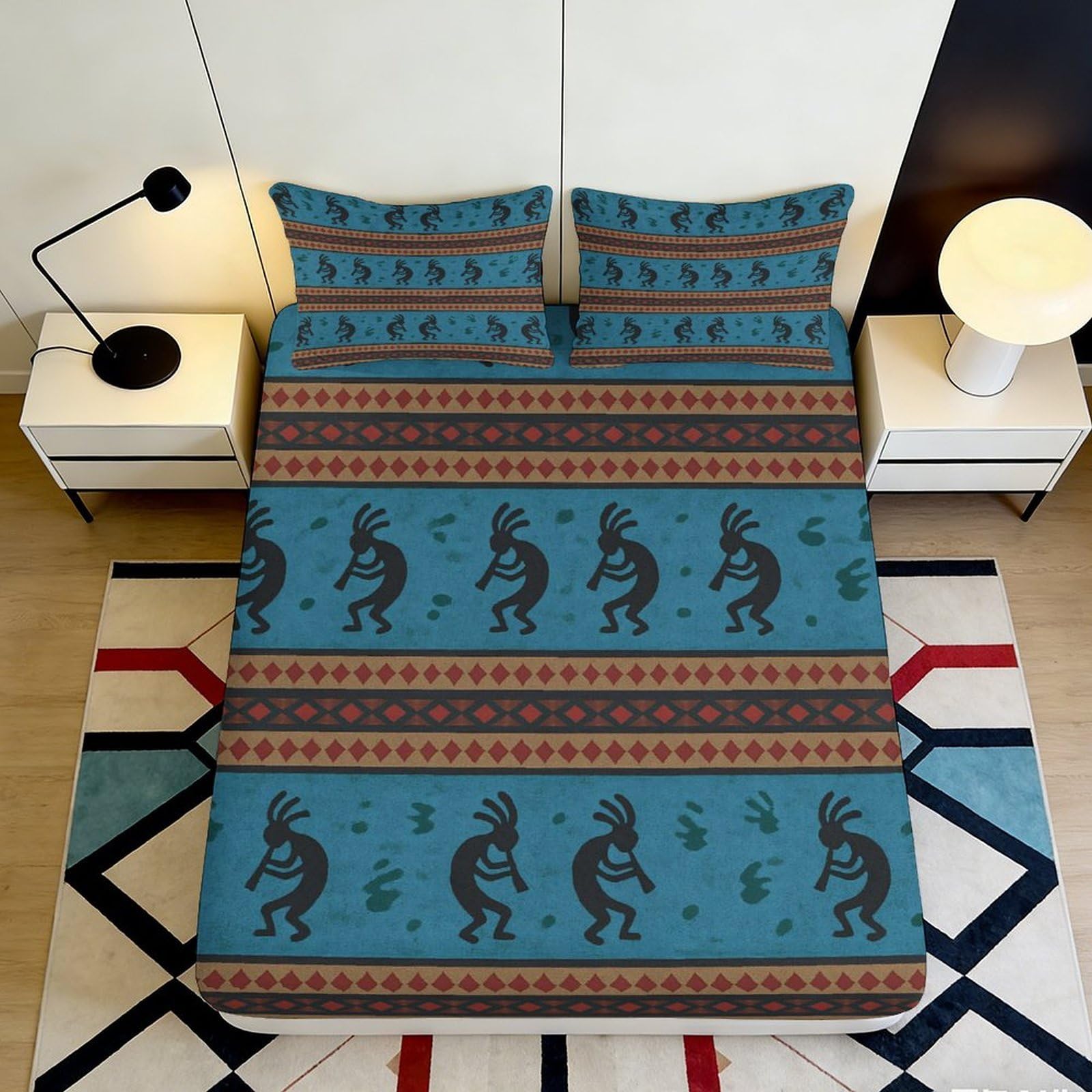 3D Printed Tribal Blue Pattern Fitted Sheet Microfiber Breathable Geometric Mattress Cover for Bedroom Guest Room 90x200x25cm
