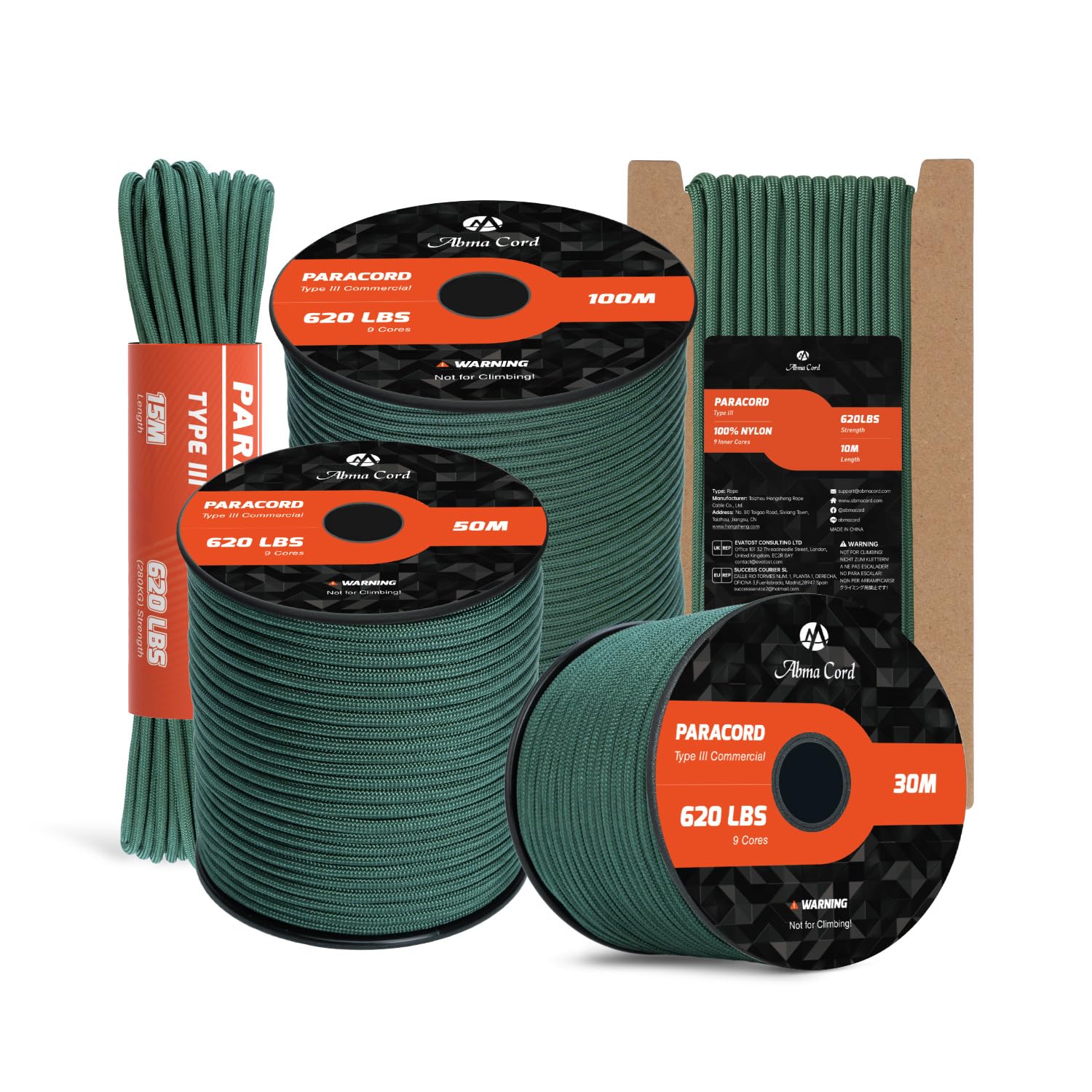 Abma Cord Paracord 4mm 10m 100% Nylon Rope 9 Strands Type III Parachute Cord for DIY, Camping, Survival, Outdoor - Max. 280kg - Dark Green