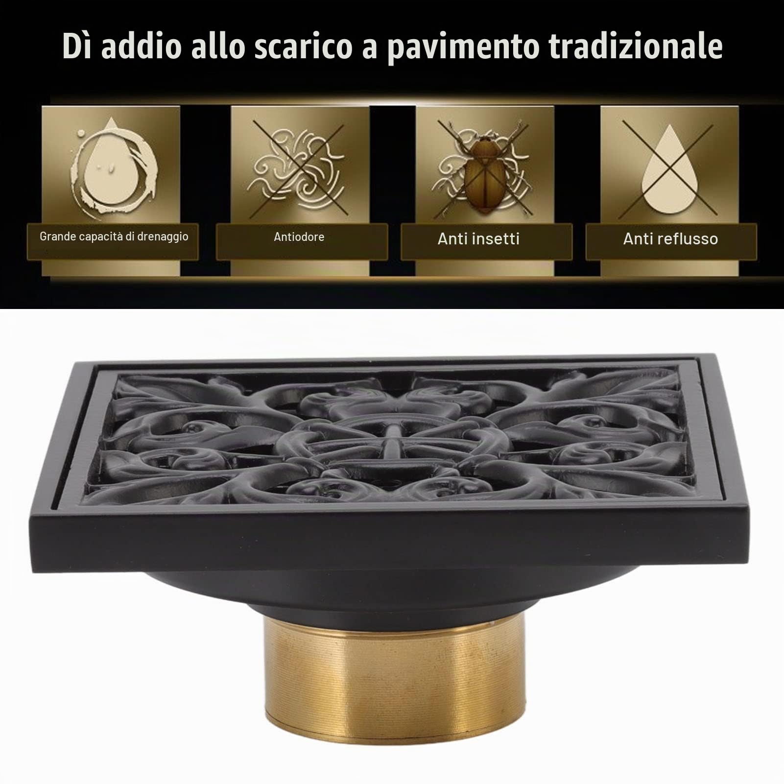 Buachois Piletta Doccia a Pavimento,Quadrato in Acciaio Inox Scarico per Doccia Ombrinale Scarico Quadrato Griglia Porta Drenante Parte per Bagno WC