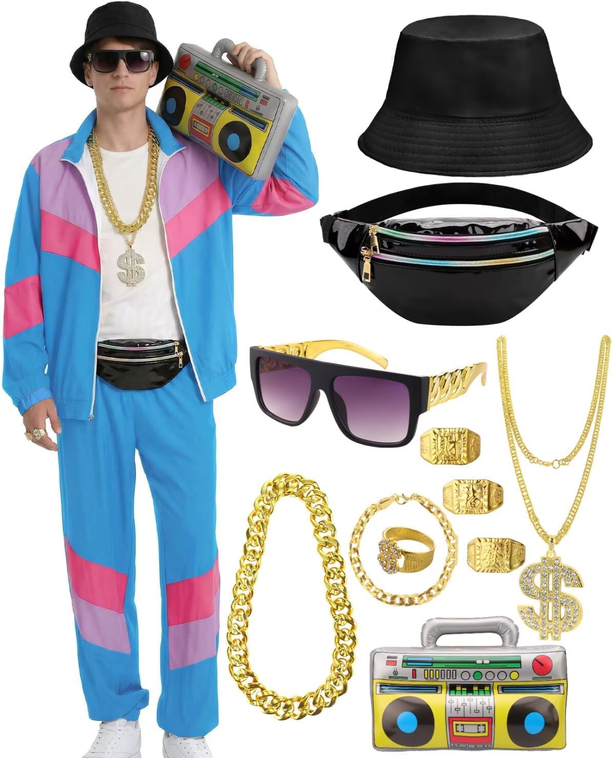 VillbeCoser 80s 90s Outfit for Men Tracksuit Costume, Hip Hop Hat Fanny Pack Ring Bracelet Gold Chain Rapper Sportswear