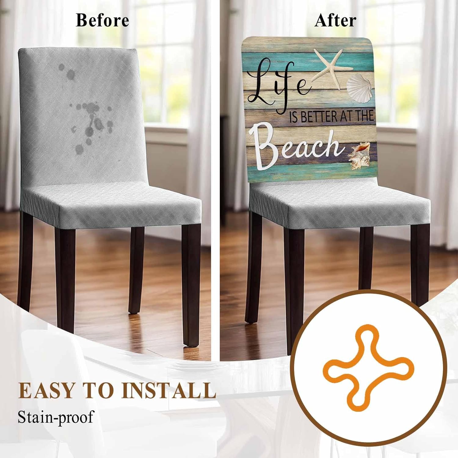 Life is Better at The Beach Chair Back Cover for Dining Room, Chair Covers Set of 6, Wood Grain Starfish Shell Summer Removable Washable Slipcovers for Kitchen Hotel Banquet Decor,18x19in