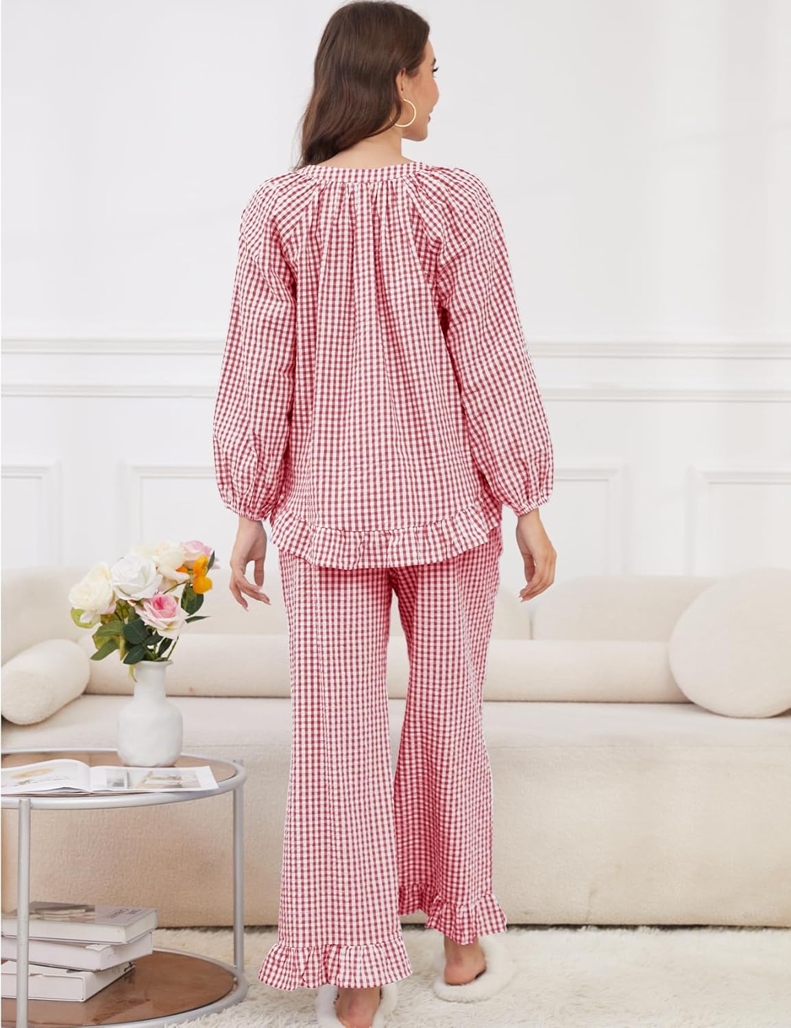 Wyeysyt Womens Gingham Pajamas Set 2 Piece Plaid Cotton Long Sleeve Babydoll Shirt and Ruffle Pants Y2K Pjs Lounge Set - Image 5