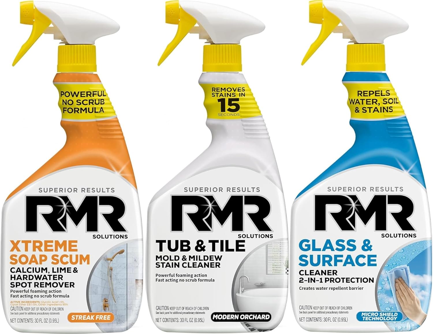 RMR - Tub and Tile Cleaner, RMR - Xtreme Soap Scum Remover, and RMR - 2-in-1 Glass and Surface Cleaner Plus Repellent