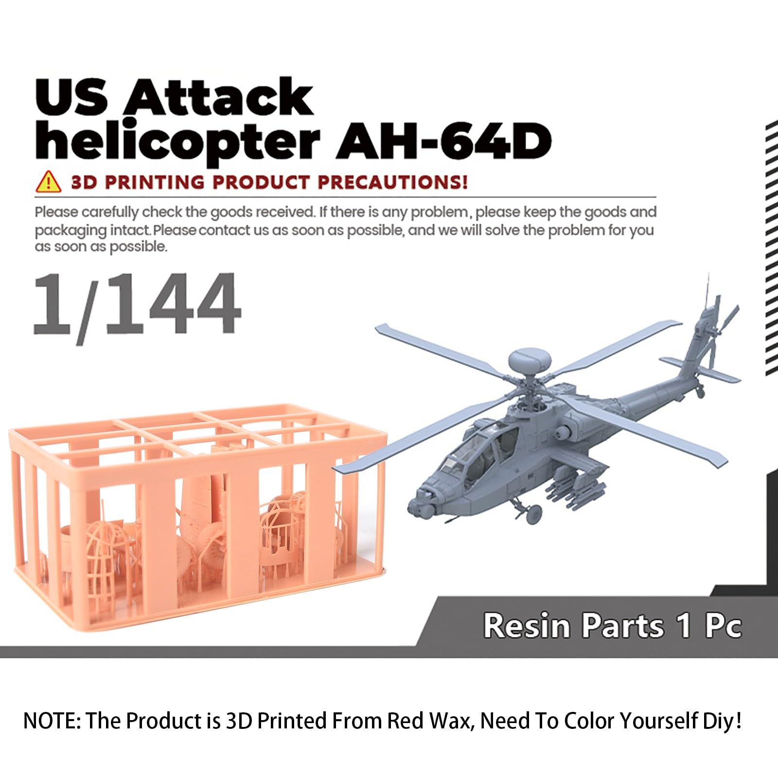 1/144 Scale DIY Military Model US Attack Helicopter AH-64D Unassembled Resin Model Gunship Attack Model for Military Collection Display