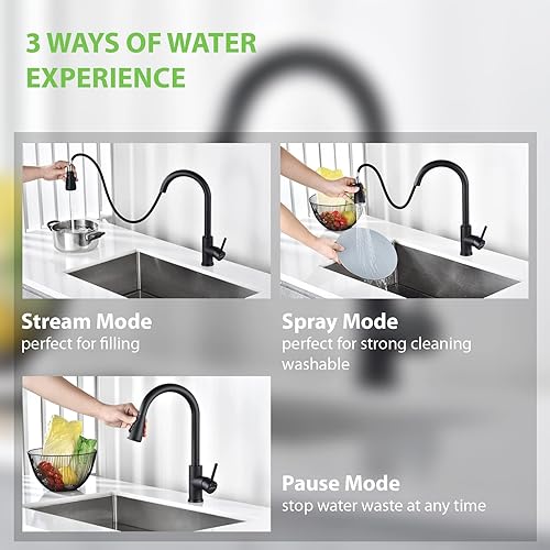 Miniatura 3 de KAYNLESS Grifo de cocina con rociador extraíble, grifo de cocina extraíble negro mate, grifo de acero inoxidable para fregadero de cocina de 15