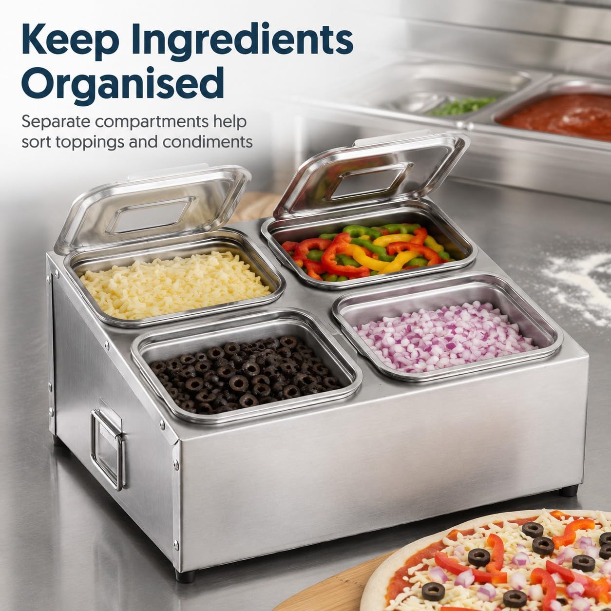 Porta Ingredienti Pizza in Acciaio Inox con Coperchio – Contenitore per Condimenti Refrigerato, Vaschette Gastronom Modulari 4 Scomparti, per Pizzeria e Preparazione Ingredienti