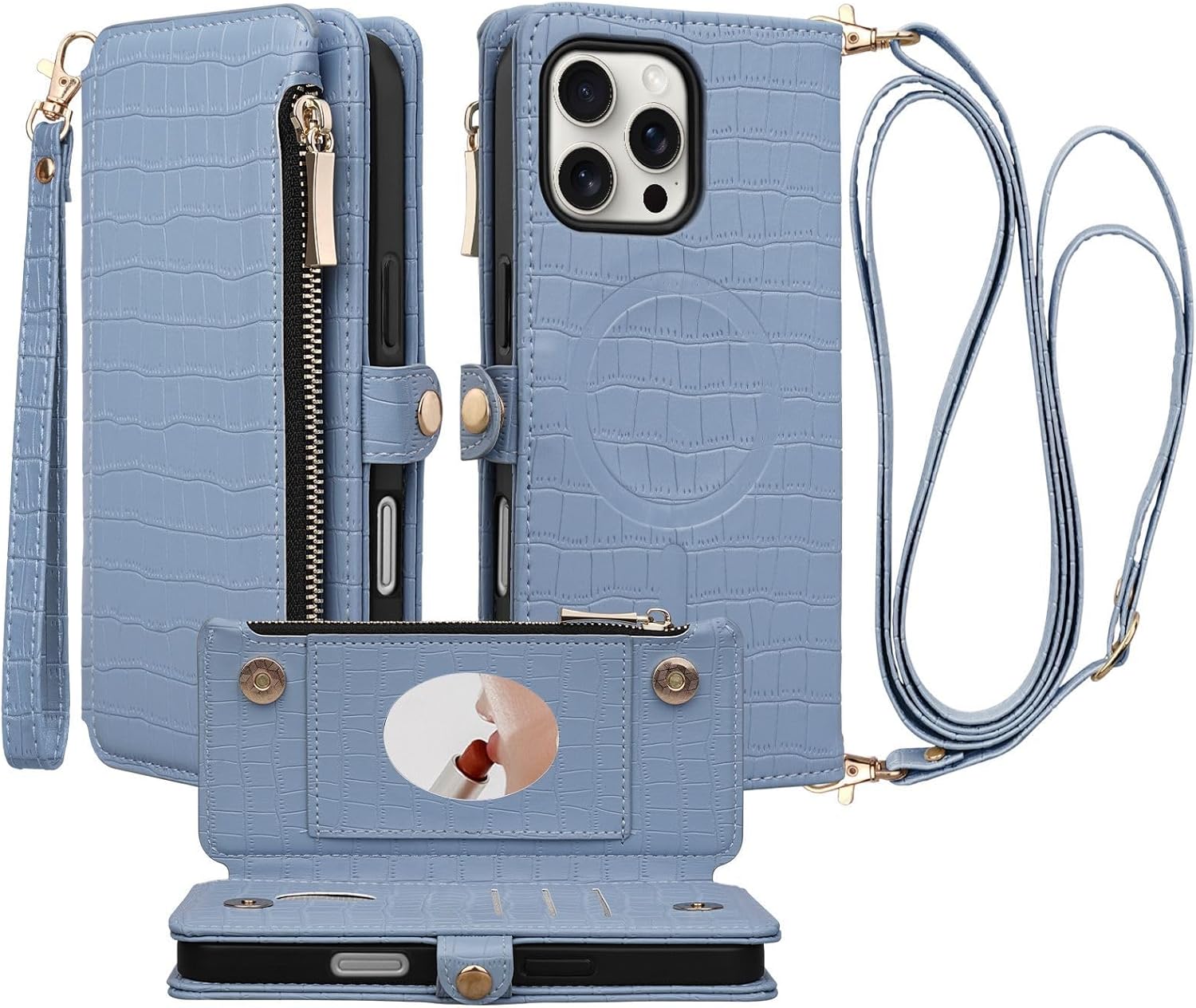 Crossbody Wallet Case for iPhone 13 with Mirror, Wrist Strap, Zipper Purse Magnetic Flip RFID Blocking Card Holder, Wireless Charging, PU Leather Shockproof 6.1" Women (Black)