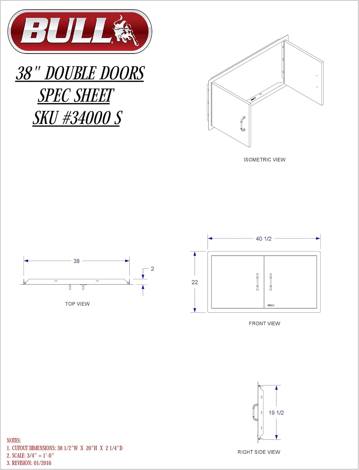 Bull Outdoor Products 34000 38" Double Access Doors – 304 16 Gauge Stainless Steel, Double Walled Design, Rust and Stain Resistant, Outdoor Kitchen Cabinet Access for Propane Tanks, Heavy Duty