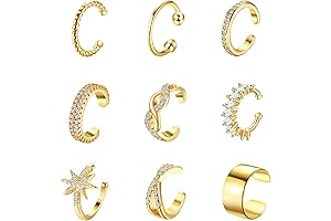 Complete Set of 9pcs Ear Cuff Earrings for Women, Fashionable Gold 14K...