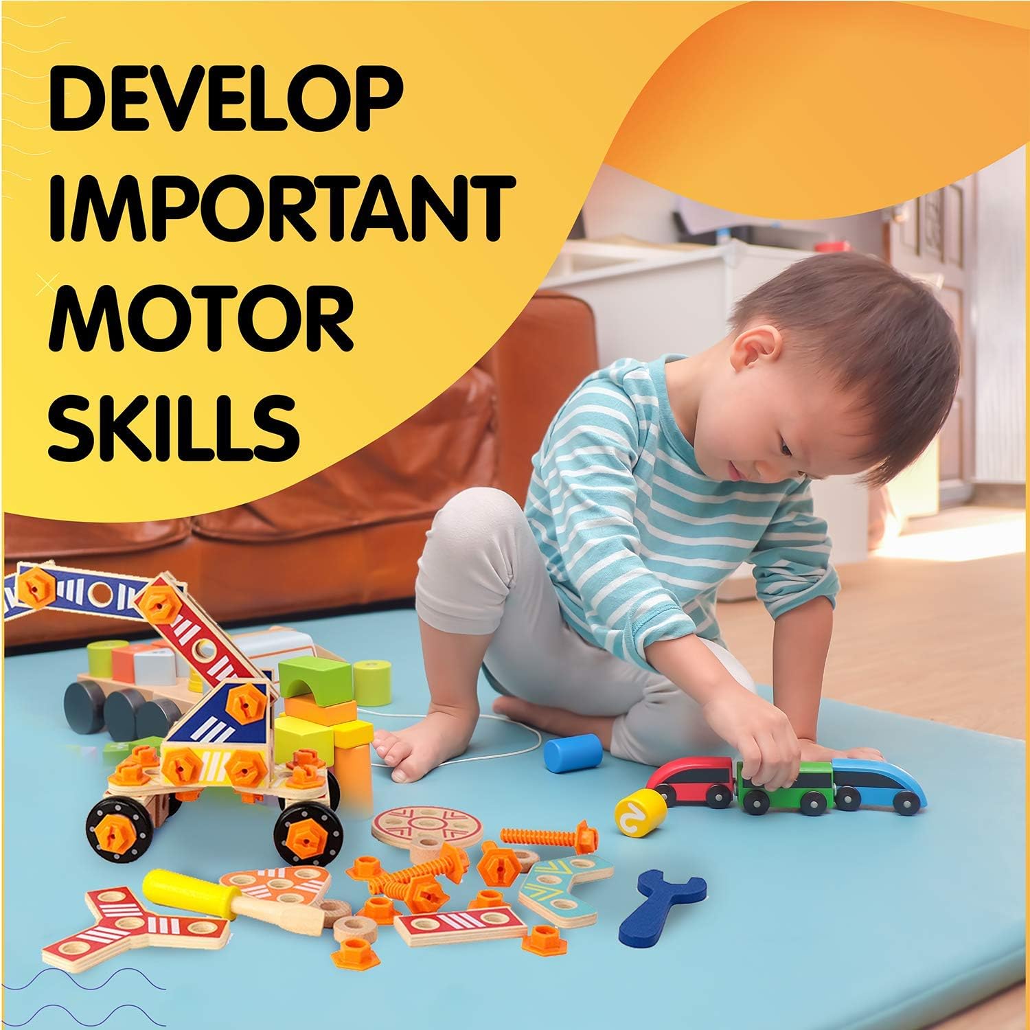 Leo & Friends Wooden Builder Construction Set - 72-Piece Kids Toy for Girls and Boys - Learning & Educational Toy for Christmas Birthdays or Holidays